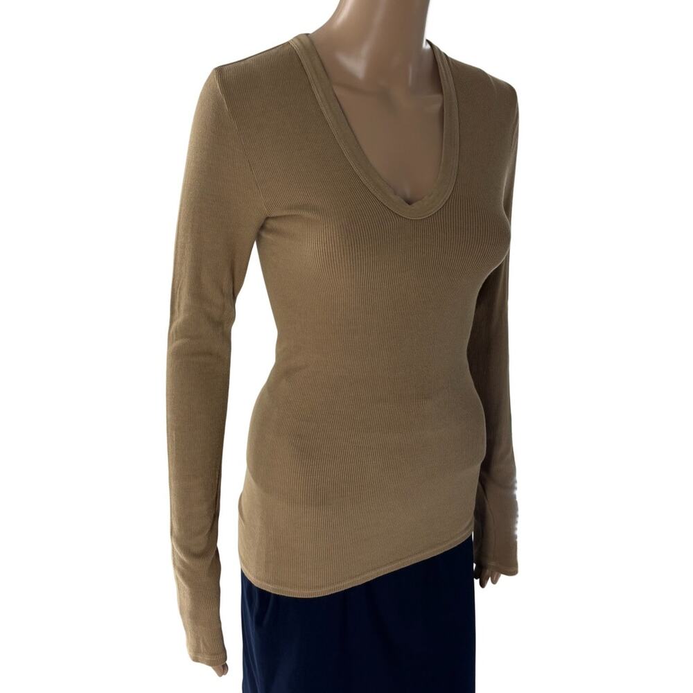 Enza Costa Sand Tan Ribbed U Neck Long Sleeve Top - Picture 6 of 10